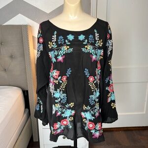 Johnny Was Kikimu Embroidered Georgette Blouse, Black, Colorful